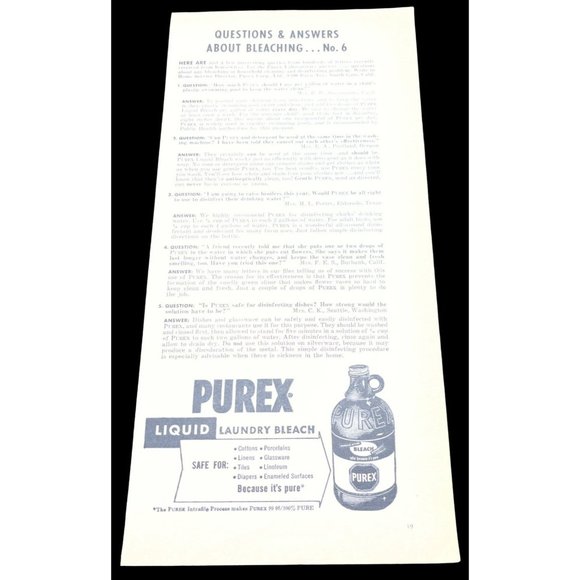 Purex Liquid Laundry Bleach Vintage Print Ad 1954 Jug Bleaching Questions Q & A - Picture 1 of 6